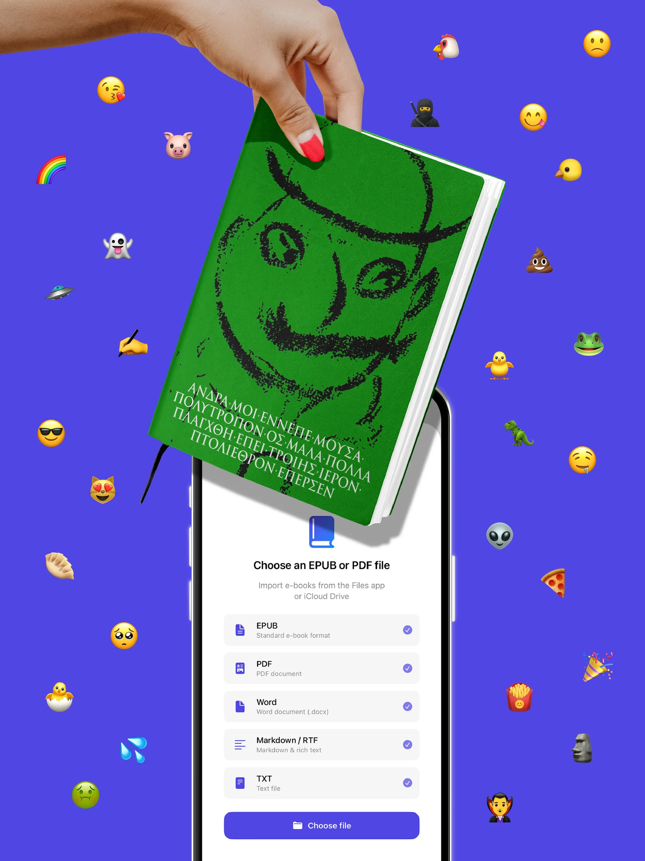 A hand holding a green book above an iPhone showing the import sheet